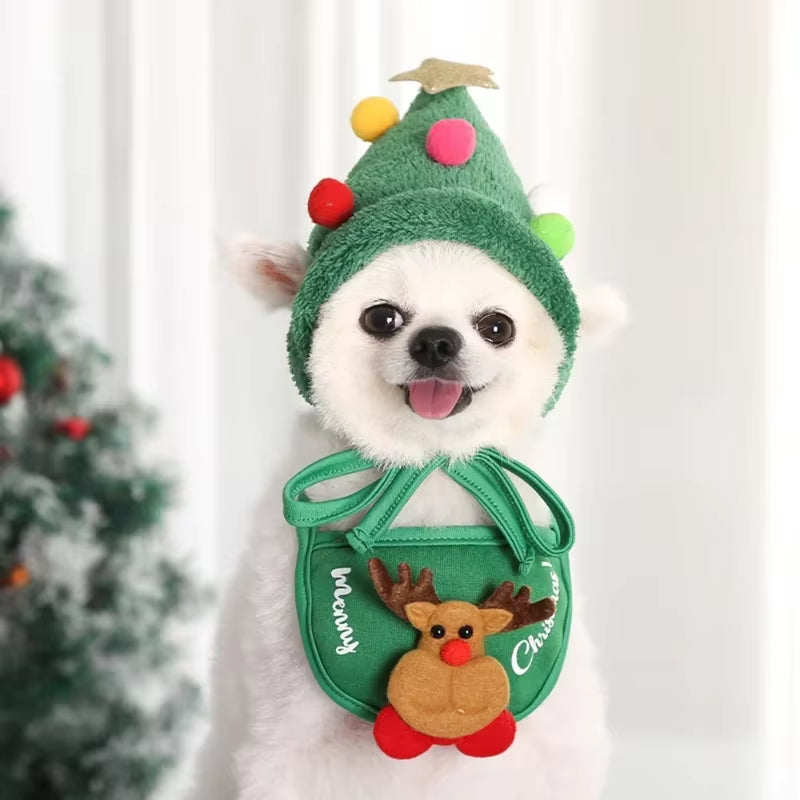 Dog Cat Christmas Hat Bib Costumes Santa Reindeer Winter Cute Cosplay Dress up Clothes for Xmas Party Kitten Puppy Pet Supplies