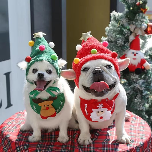 Dog Cat Christmas Hat Bib Costumes Santa Reindeer Winter Cute Cosplay Dress up Clothes for Xmas Party Kitten Puppy Pet Supplies