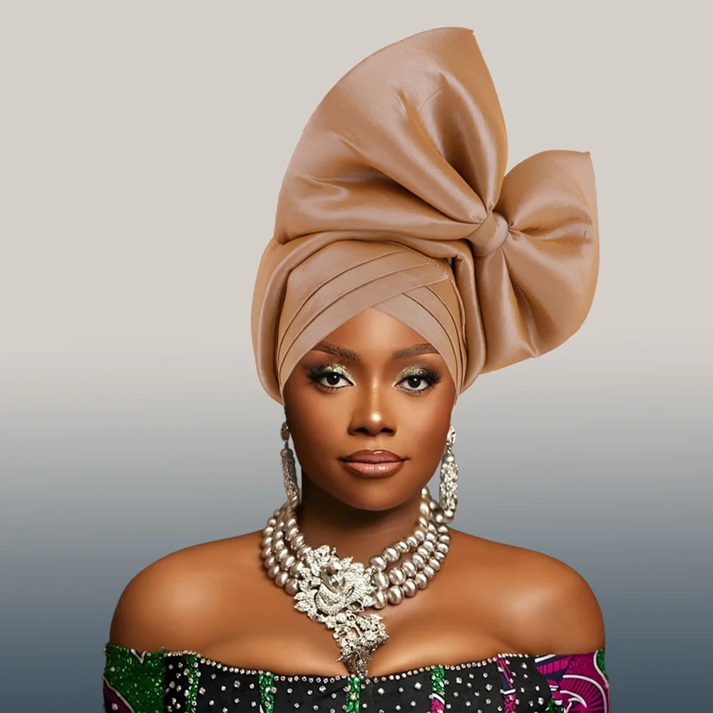 Nigeria Big Bowknot African Headtie Turban Cap for Women Headpiece Already Made Auto Gele Party Headwear Hat Head Wrap Wedding