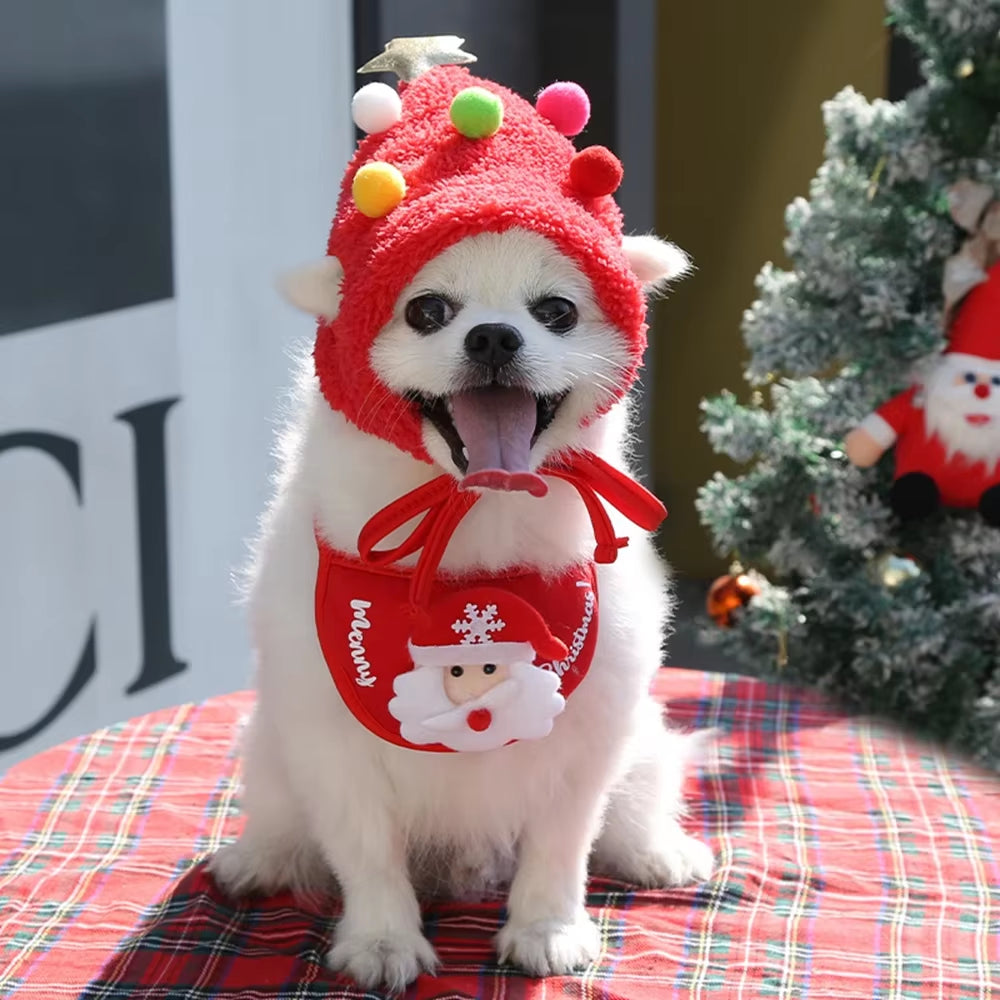 Dog Cat Christmas Hat Bib Costumes Santa Reindeer Winter Cute Cosplay Dress up Clothes for Xmas Party Kitten Puppy Pet Supplies