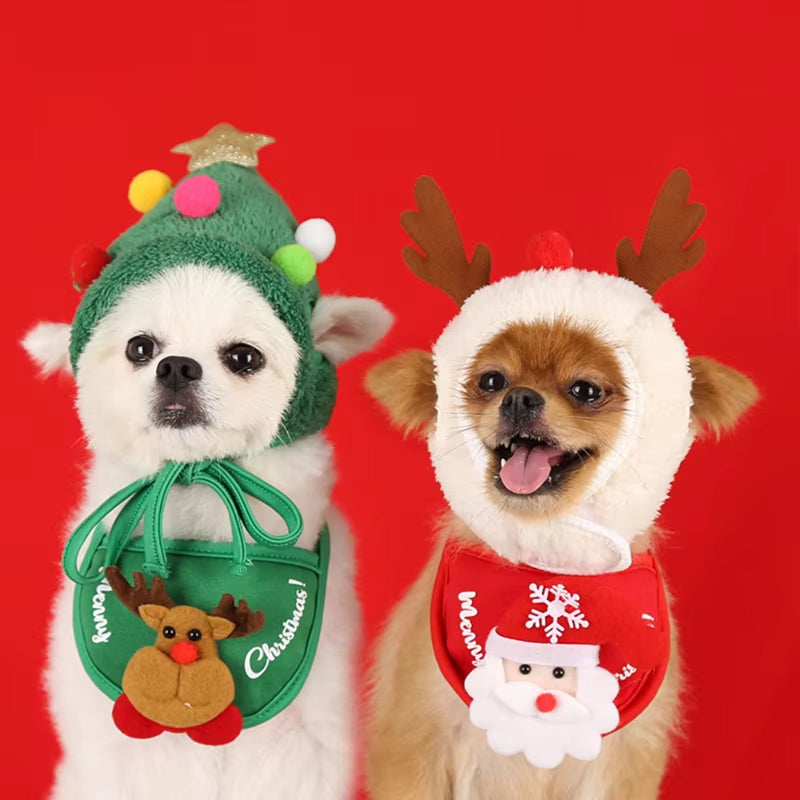 Dog Cat Christmas Hat Bib Costumes Santa Reindeer Winter Cute Cosplay Dress up Clothes for Xmas Party Kitten Puppy Pet Supplies